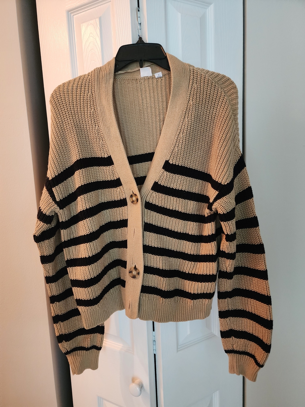 GAP Beige and Black Striped V-Neck Button Cardigan